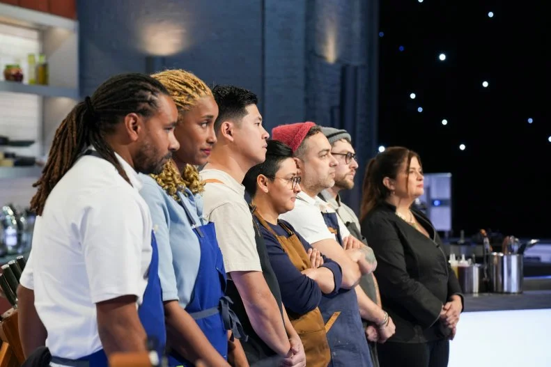 Chefs Michael Reed, Kwini Reed, David Viana, Paola Serrano, David Viana, Brian Lopes and Alex Guaranschelli (L to R), as seen on Alex Vs. America, Season 5.
