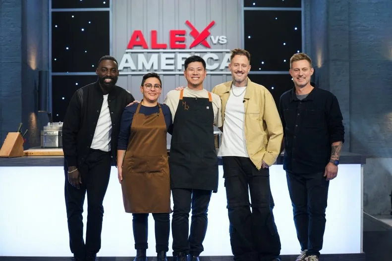 Host Eric Adjepong, Chef Paola Serrano, Chef Kevin Tien, Judges Michael Voltaggio and Bryan Voltaggio (L to R), as seen on Alex Vs. America, Season 5.