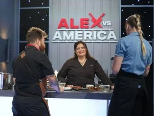 Chefs Jonathon Sawyer, Alex Guarnaschelli and Taylor Frankel discusin their dish (L to R), as seen on Alex Vs. America, Season 5.