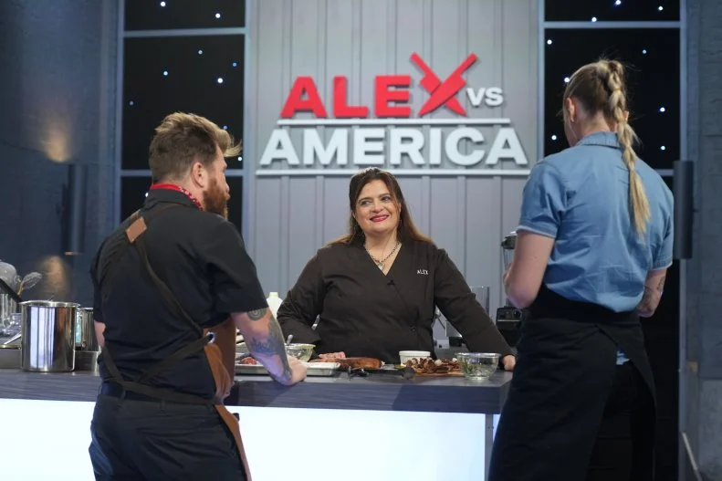 Chefs Jonathon Sawyer, Alex Guarnaschelli and Taylor Frankel discusin their dish (L to R), as seen on Alex Vs. America, Season 5.