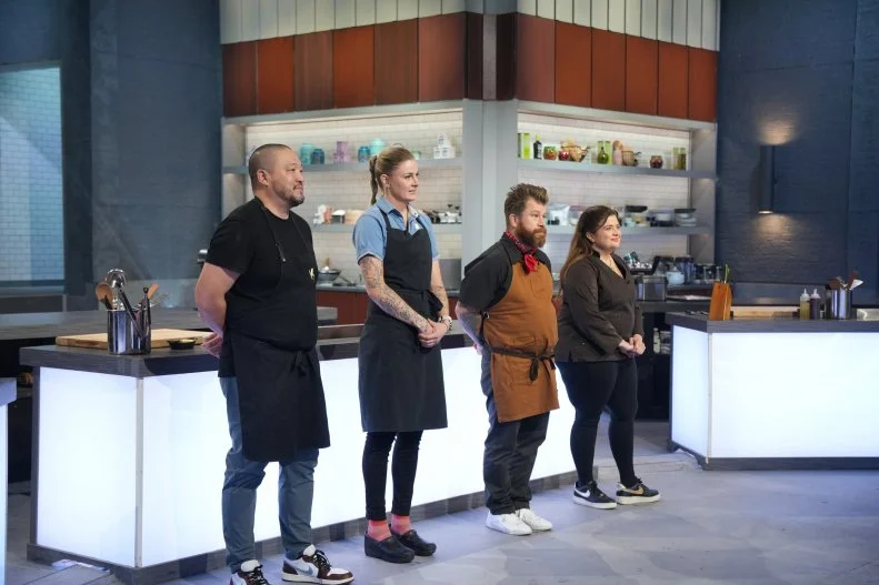 Chefs Kevin Lee, Taylor Frankel, Jonathon Sawyer and Alex Guarnaschelli waiting for the challenge (L to R), as seen on Alex Vs. America, Season 5.