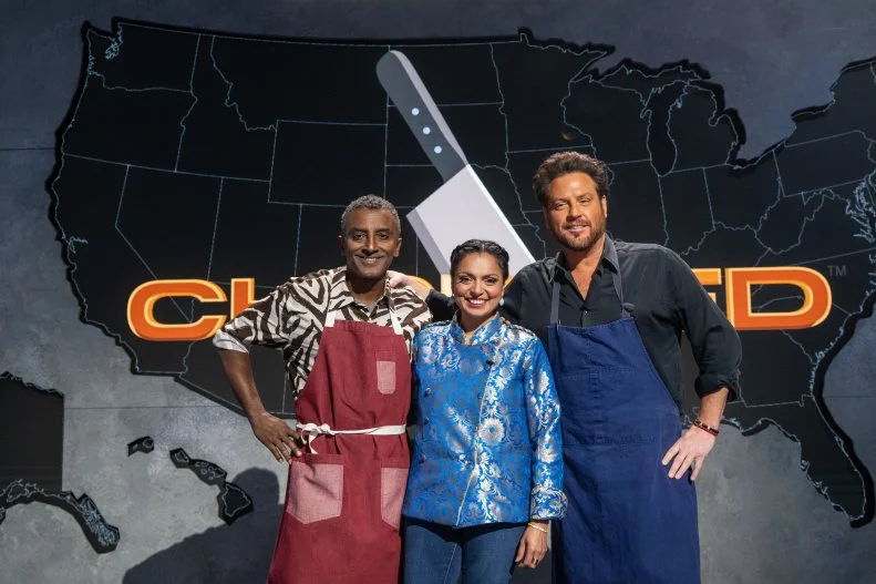Contestants Marcus Samuelsson, Maneet Chauhan, Scott Conant, as seen on Alex vs America, Season 5.