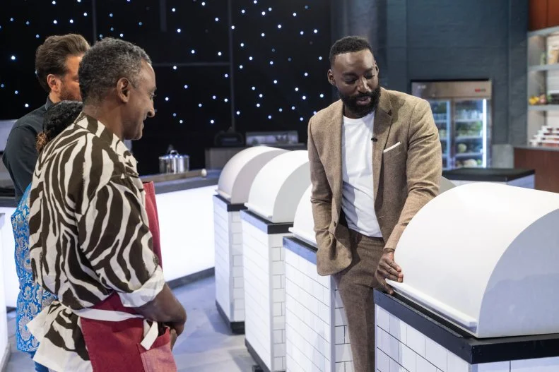 Contestants Marcus Samuelsson, Maneet Chauhan, Scott Conant, Chef Alex Guarnaschelli and Host Eric Adjepong, as seen on Alex vs America, Season 5.