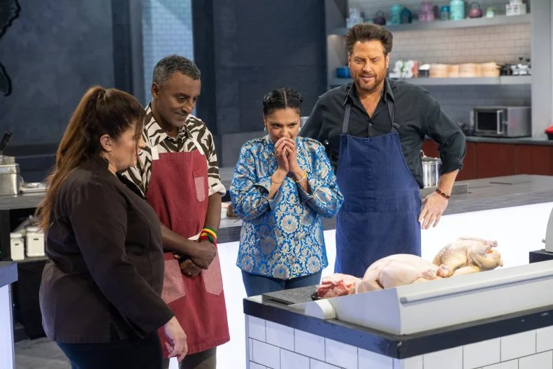 Contestants Marcus Samuelsson, Maneet Chauhan, Scott Conant, Chef Alex Guarnaschelli and Host Eric Adjepong, as seen on Alex vs America, Season 5.