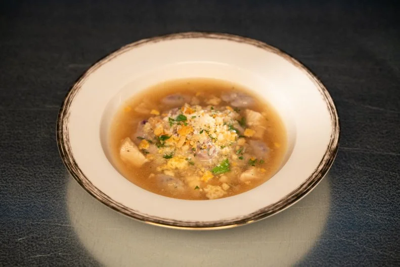 Round 1 dish by Scott Conant, featuring capon chicken, Okinawa potato and tamarind soda, as seen on Alex vs America, Season 5.