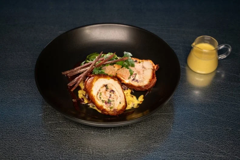 Round 1 dish by Maneet Chauhan, featuring capon chicken, Okinawa potato and tamarind soda, as seen on Alex vs America, Season 5.
