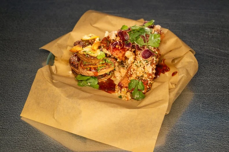 Round 1 dish by Chef Alex Guarnaschelli, featuring capon chicken, Okinawa potato and tamarind soda, as seen on Alex vs America, Season 5.