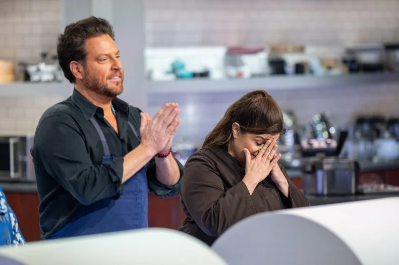 Contestants Scott Conant and Chef Alex Guarnaschelli  during judging, as seen on Alex vs America, Season 5.