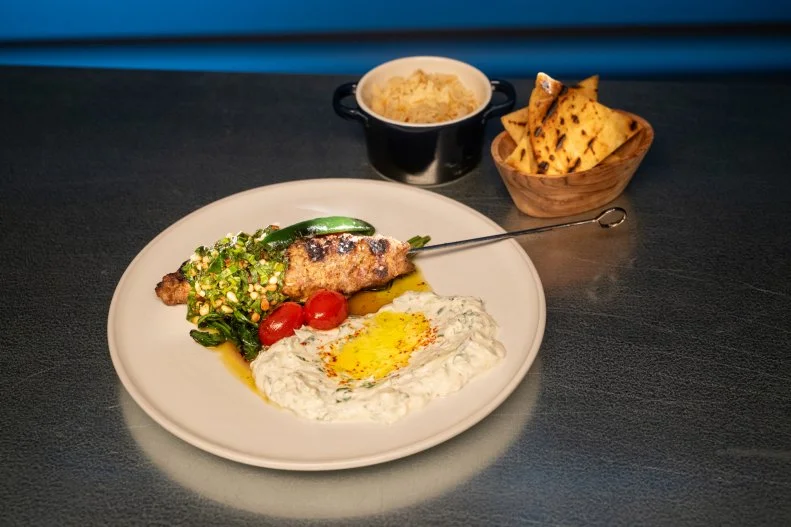 Round 2 dish by Scott Conant featuring lamb shoulder, dandelion greens, fortune cookies and root beer schnapps, as seen on Alex vs America, Season 5.