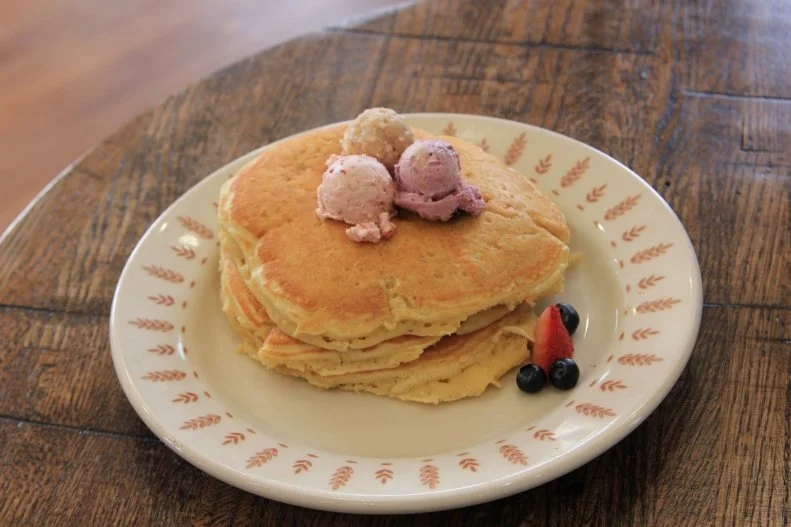 Close-up of The Mercantile pancakes, as seen on The Pioneer Woman, Season 16.