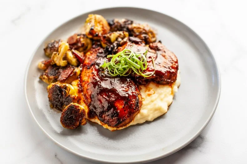 Close-up of BBQ Glazed Half Chicken, as seen on The Pioneer Woman, season 33