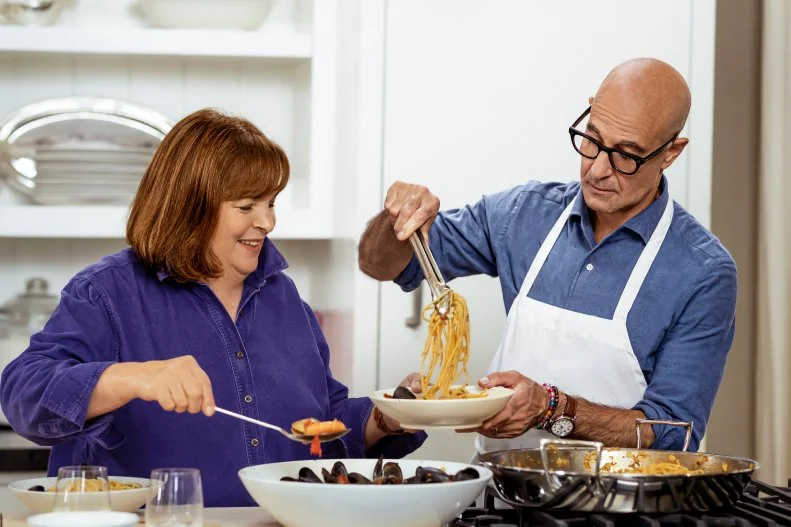 Ina Garten cooking with Stanley Tucci to make Caccuicco, as seen on Be My Guest with Ina Garten, season 3.
