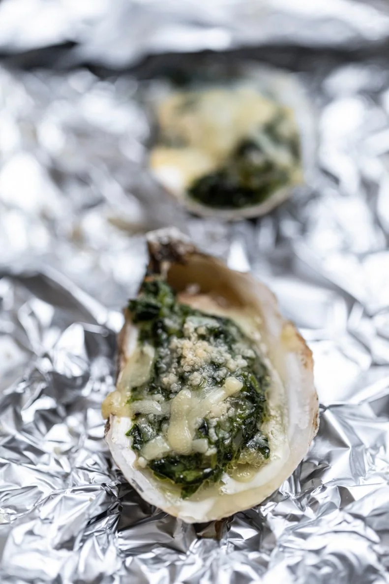Close-up of Easy Oysters Rockefeller, as seen on Be My Guest with Ina Garten, season 3.
