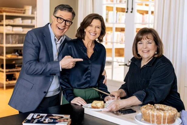 Ina Garten, Stephen Colbert, Evie McGee and Sour Cream Coffee Cake, as seen on Be My Guest with Ina Garten, Season 6.