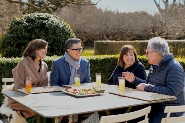 Ina Garten, Jeffrey Garten, Stephen Colbert, Evie McGee, Capri Sunset and Green Goddess Dip, as seen on Be My Guest with Ina Garten, Season 6.