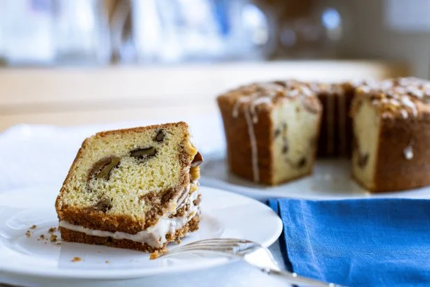 Close-up of Sour Cream Coffee Cake, as seen on Be My Guest with Ina Garten, Season 6.