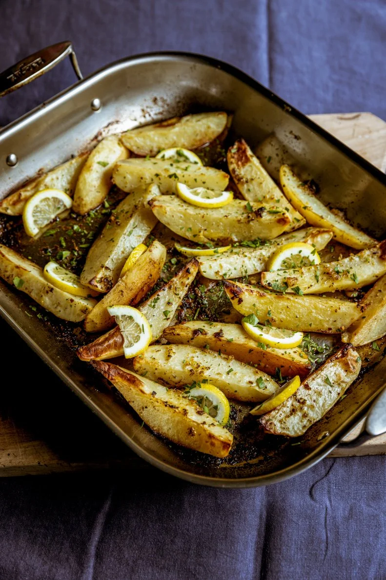 Close-up of Greek Lemon Potatoes, as seen on Be My Guest with Ina Garten, Season 7