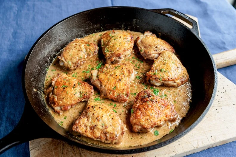 Close-up of Chicken Thighs with Creamy Mustard Sauce, as seen on Be My Guest with Ina Garten, Season 7