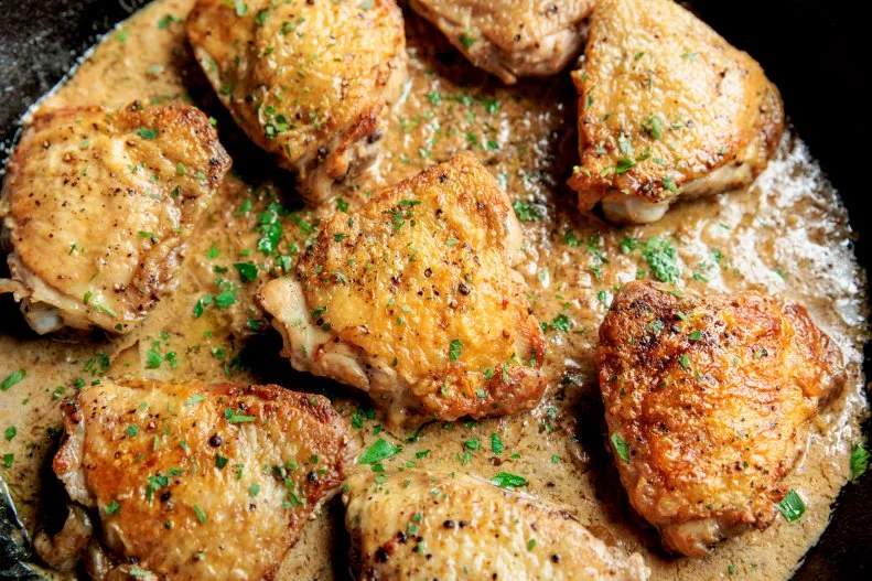 Close-up of Chicken Thighs with Creamy Mustard Sauce, as seen on Be My Guest with Ina Garten, Season 7