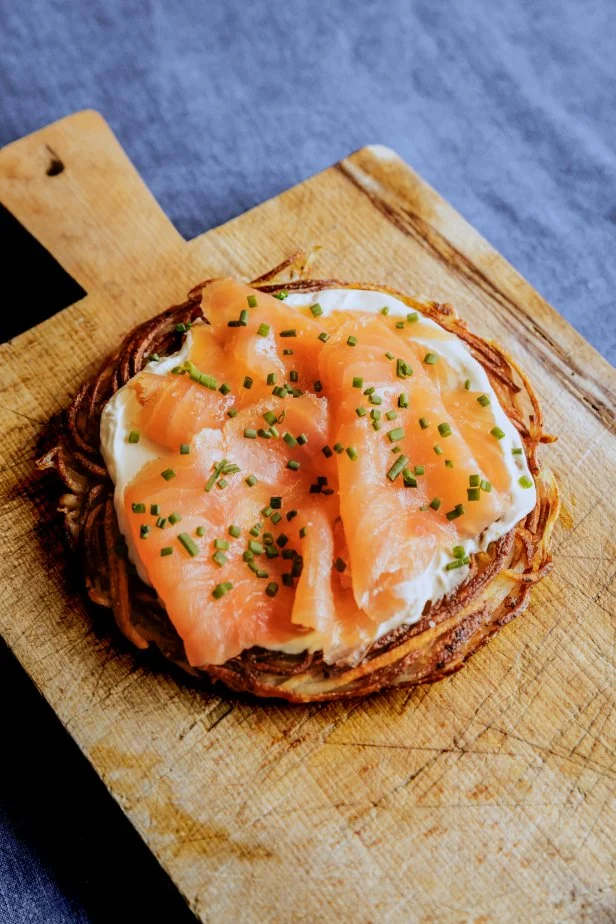 Close-up of Potato Galette with Smoked Salmon, as seen on Be My Guest with Ina Garten, Season 7
