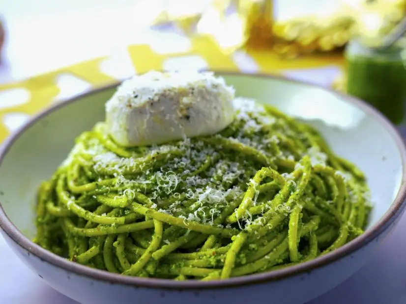 Beauty shot of Molly Yeh's Green Pesto Pasta with Burrata as seen in Girl Meets Farm Season 15