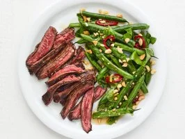 Grilled Skirt Steak with Smashed Green Beans