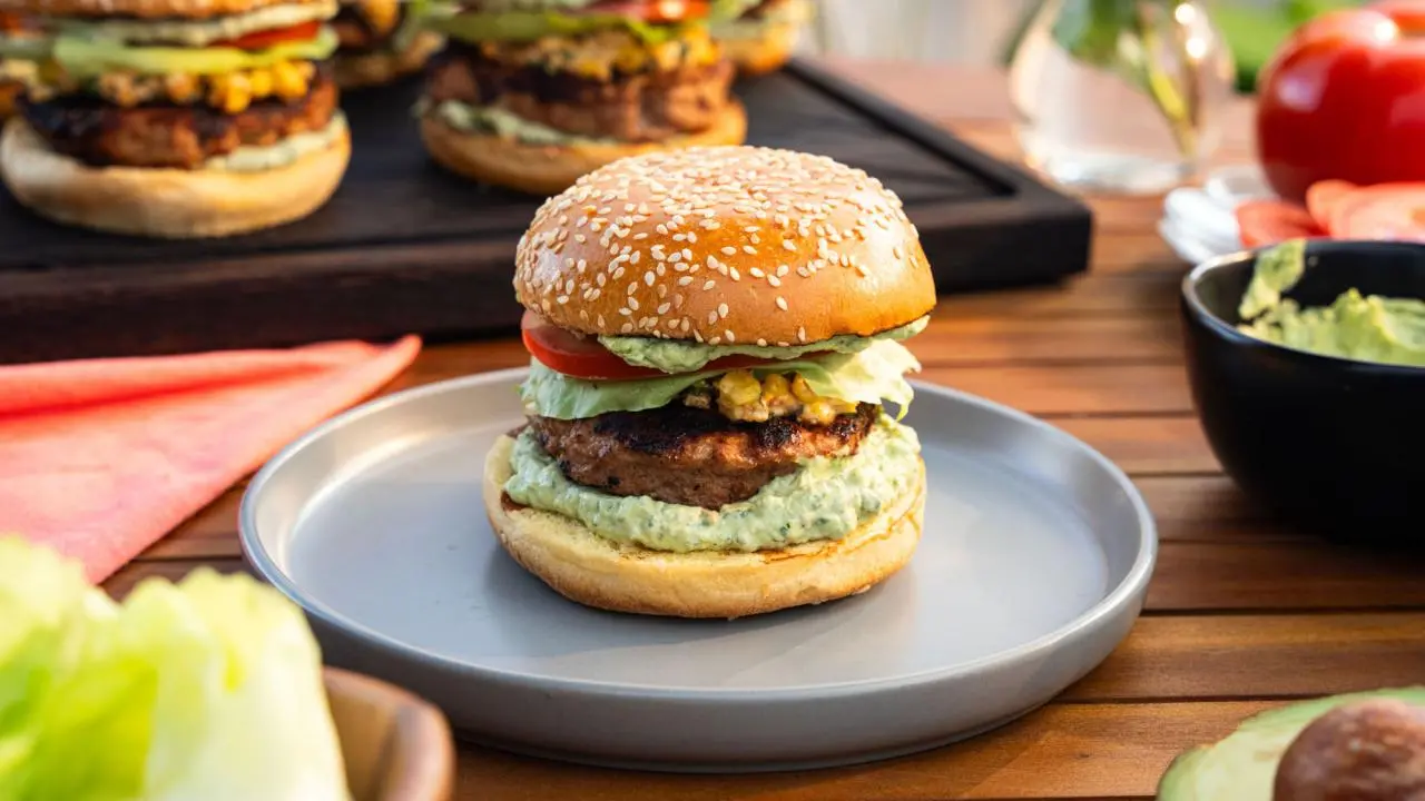 Agave Lime-Glazed Turkey Burgers with Cheesy Corn