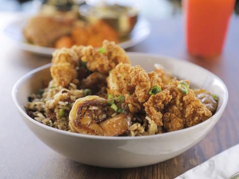 Cajun Fried Rice with Smoked Beef Links, Shrimp and Fried Chicken Bites