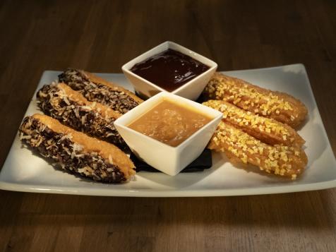 Churros with Dark Chocolate Coconut Ganache and Pineapple Rum Caramel