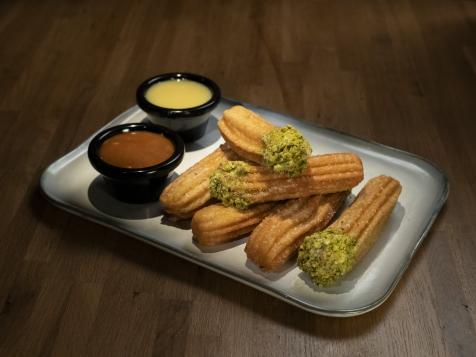 Churros with Pistachios, White Chocolate Amaretto Ganache and Salted Caramel