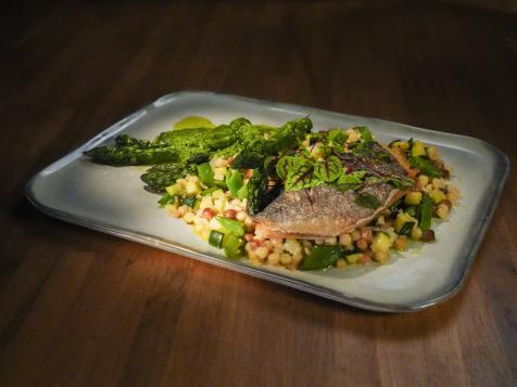Seared Sea Bream with Fregola, Spring Vegetables and Arugula Pesto