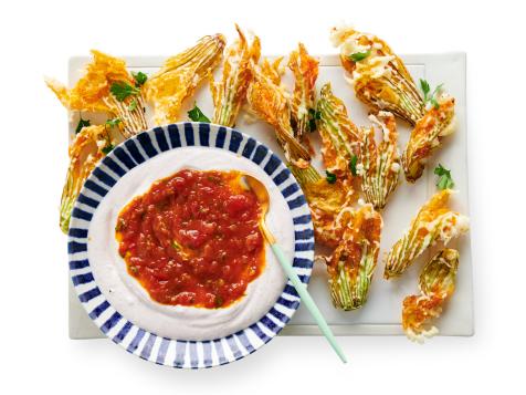Crispy Squash Blossoms with Tomato Jam and Whipped Goat Cheese