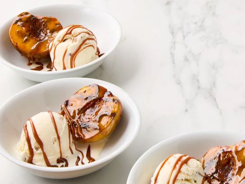 Desserts (clockwise from top-left): Oreo Cheesecake Parfaits, Strawberry Palmiers, Lemon Crepe Cake, and Grilled Salted Caramel Peaches.