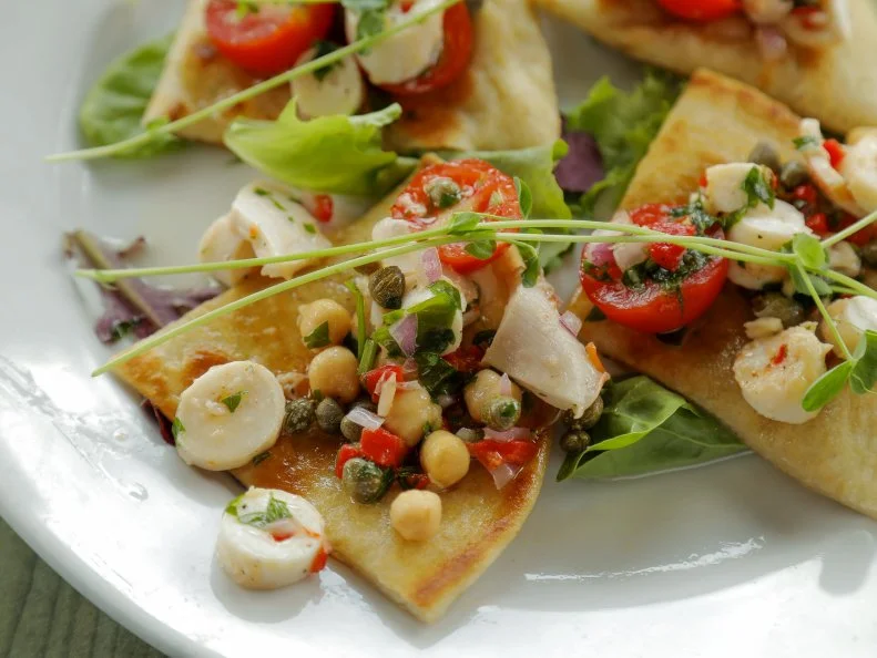 Octopus Salad on Pita prepared by George's Place in Cape May, New Jersey, as seen on Food Network's Triple D Nation, Season 7.