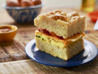 Beauty shot of Molly Yeh's Bacon Frittata Focaccia Sandwiches as seen in Girl Meets Farm Season 15