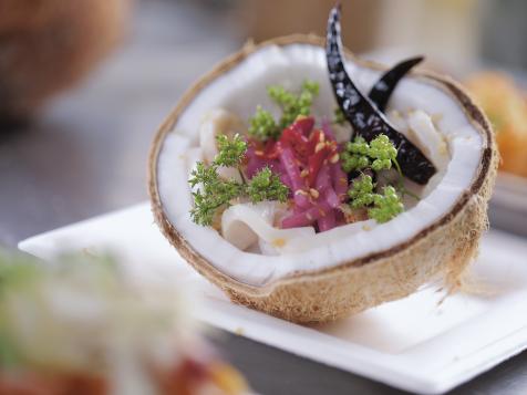 Coconut Escolar Ceviche in Fresh Coconut Halves