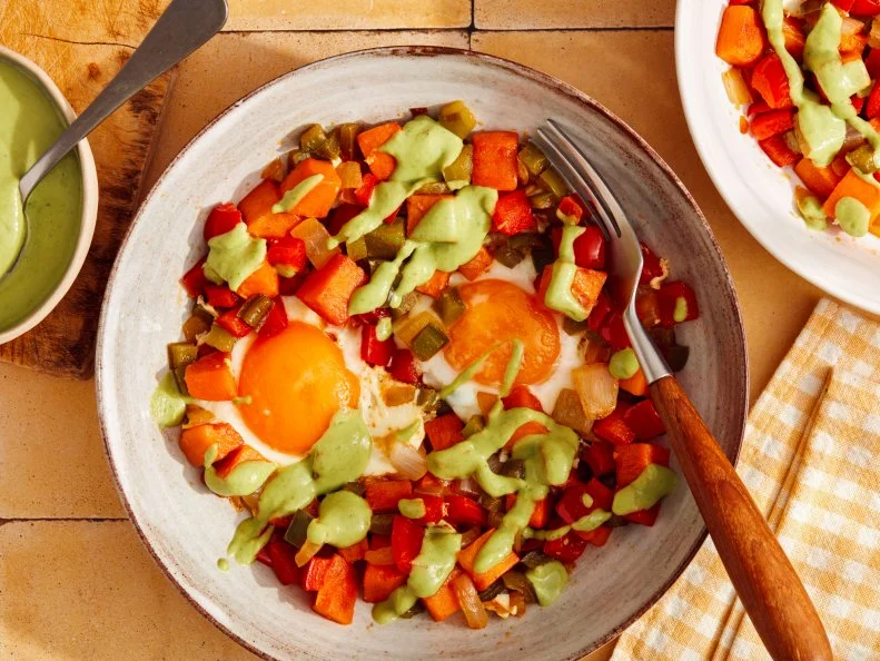 Sweet Potato Hash and Eggs with Avocado Drizzle