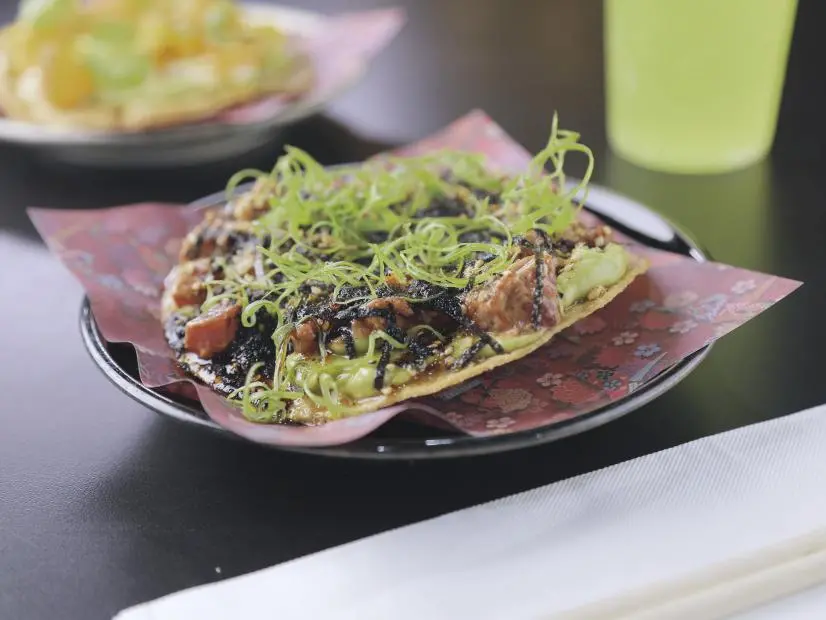 Spicy Tuna Tostada as prepard by Chef/Owner Christopher Krinsky at Ramen Del Bario in Austin, Texas, as seen on Food Network's Diners Drive-Ins and Dives, season 42.
