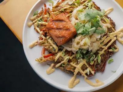 Okonomiyaki prepared by Chef Jillian of At Sara's Table Chester Creek Cafe in Duluth, Minnesota, as seen on Food Network's Triple D Nation, Season 7.