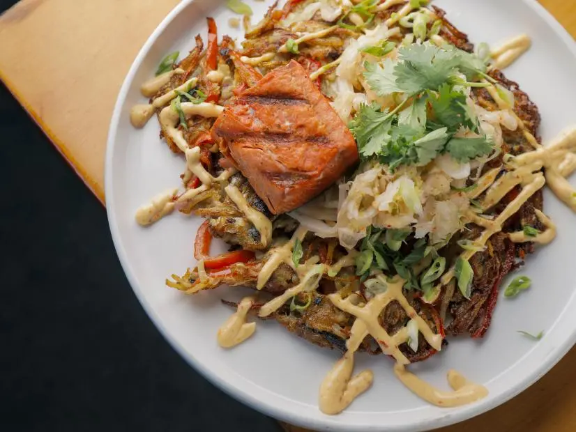 Okonomiyaki prepared by Chef Jillian of At Sara's Table Chester Creek Cafe in Duluth, Minnesota, as seen on Food Network's Triple D Nation, Season 7.