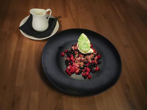 Frozen Wild Berries with White Chocolate Sauce and a Shortbread Leaf