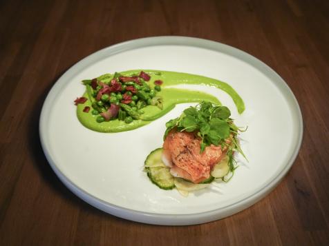 Seared Red Mullet with Pea Mélange, Wild Asparagus and Cucumber Pickle