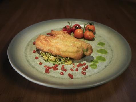 Paglia e Fieno Zucchini Noodles with Goat Cheese Stuffed Zucchini Blossoms, Roasted Cherry Tomatoes and Tomato Caviar