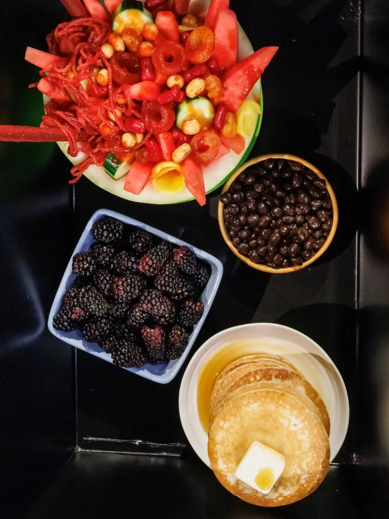 Round 3 basket ingredients: Sandia Loca, Blackberries, Buttermilk Pancakes, Chocolate-Covered Espresso Beans