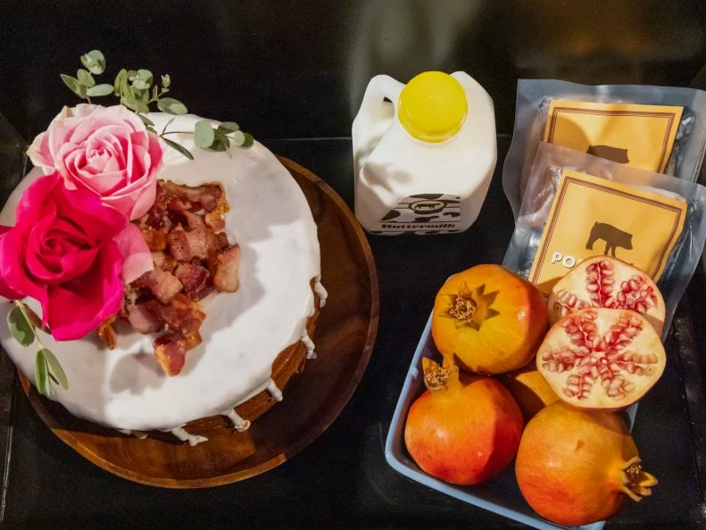 Round 3 basket ingredients: Bacon Cake, Pomegranates, Buttermilk, Pork Belly