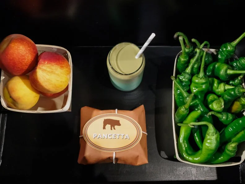 Round 1 basket ingredients: Pandan Latte, Italian Long Hots, Pancetta, Peaches