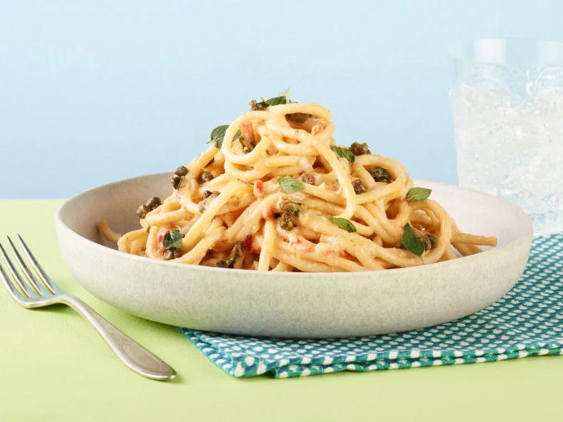 Food Network Kitchen’s Roasted Red Pepper Hummus Pasta, as seen on Food Network.