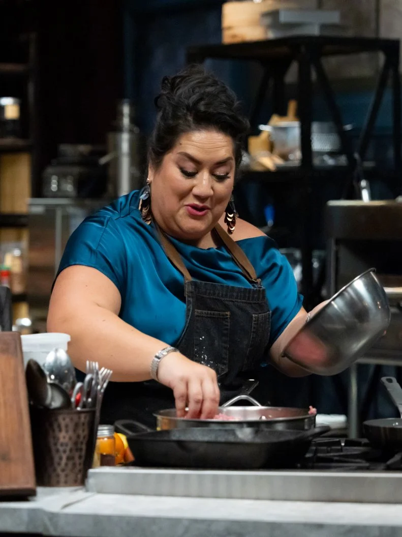 Titan Ayesha Nurdjaja prepares final dish, as seen on Bobby’s Triple Threat, Season 4.