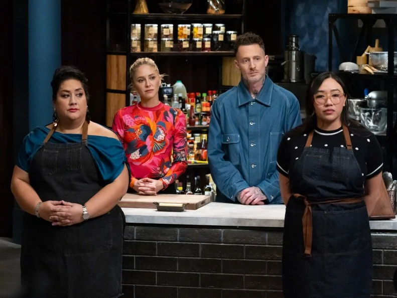 Titans Brooke Williamson, Michael Voltaggio and Ayesha Nurdjaja, Chef Nini Nguyen in winner reveal, as seen on Bobby’s Triple Threat, Season 4.
