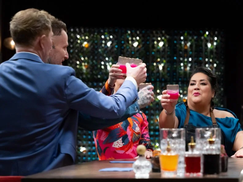 The Titans Brooke Williamson, Michael Voltaggio and Ayesha Nurdjaja celebrate their win, as seen on Bobby’s Triple Threat, Season 4.